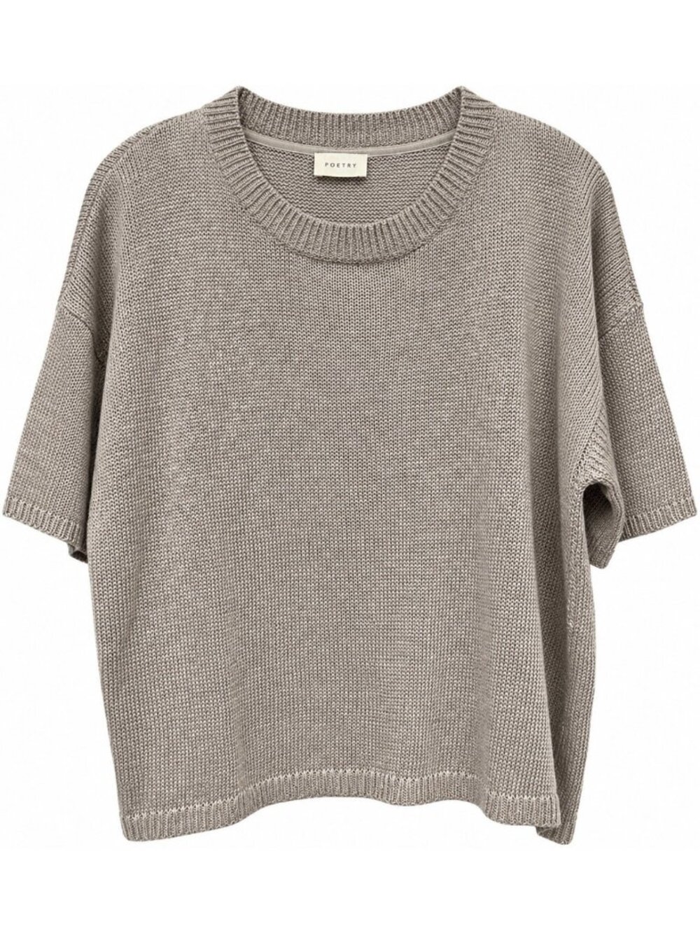 Poetry Linen Sweater Womens Sz 10 Tan Short Sleeve Open Knit Boxy Neutral